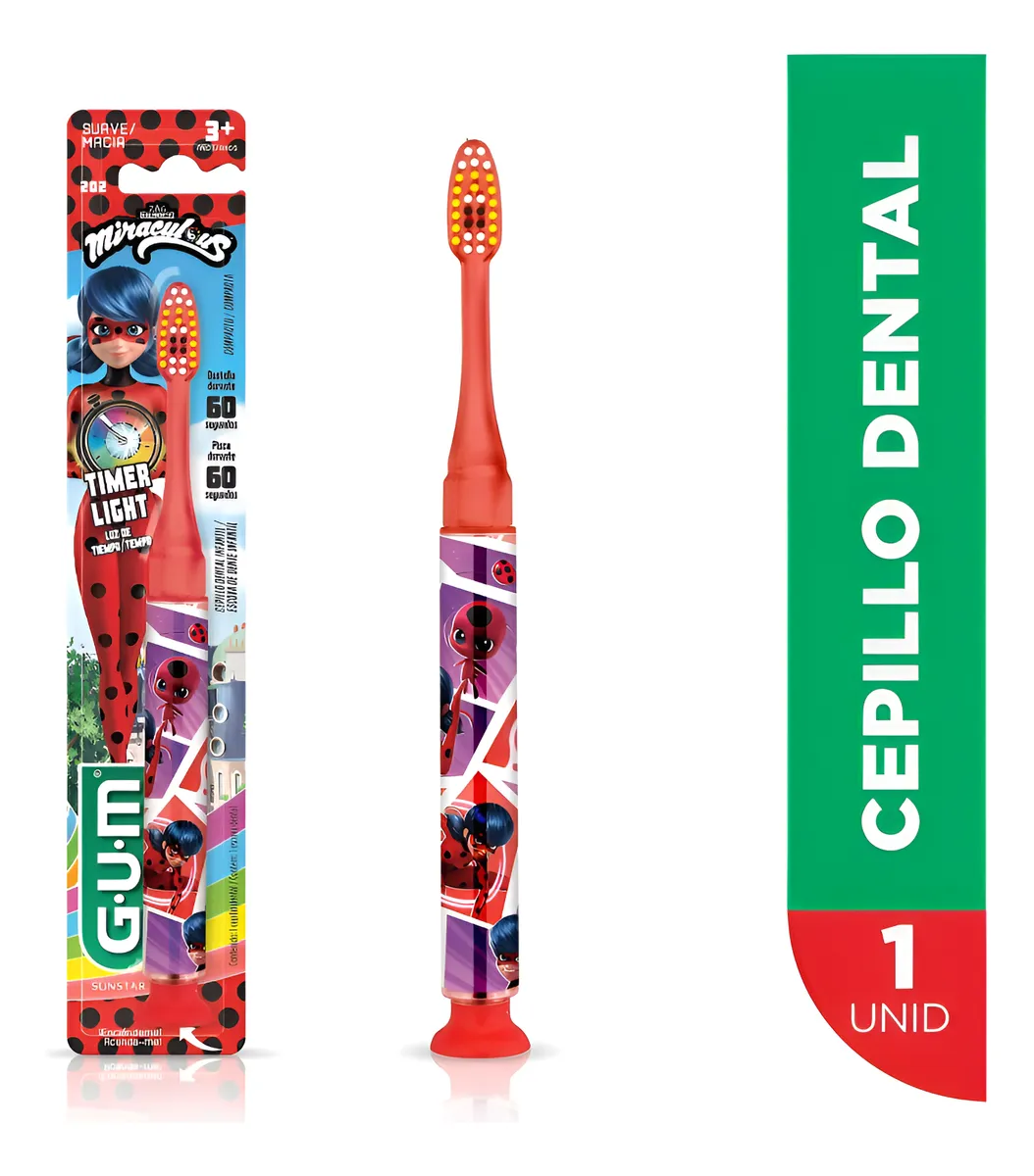 Gum Cepillo Dental Infantil Miraculous Suave Con Luz