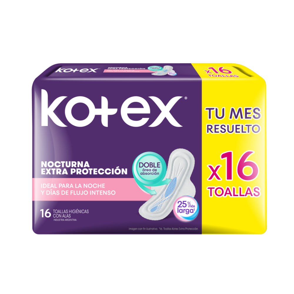 Toalla Femenina Kotex Extra Protección Nocturnas X 16 Un