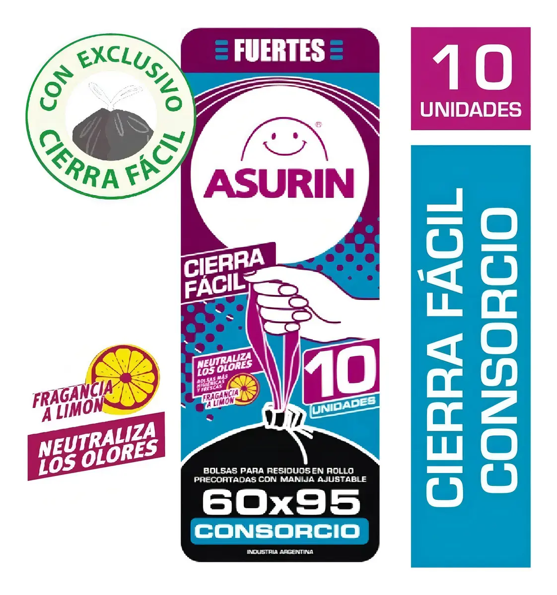 Asurin Bolsa Residuo Negras 60X95 Cm X10U Aroma Limon Cierra Facil